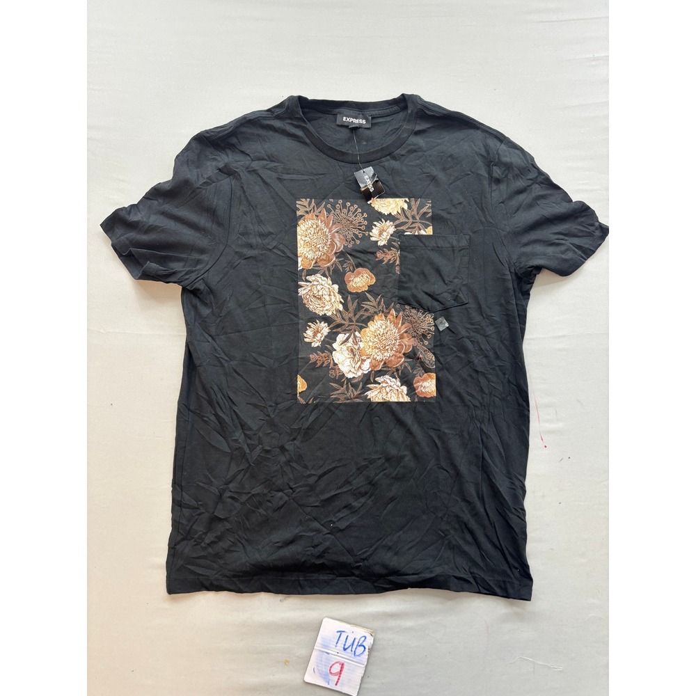 Express Mens Floral Graphic Pocket T-Shirt Black Crew Neck Short Sleeve Size M